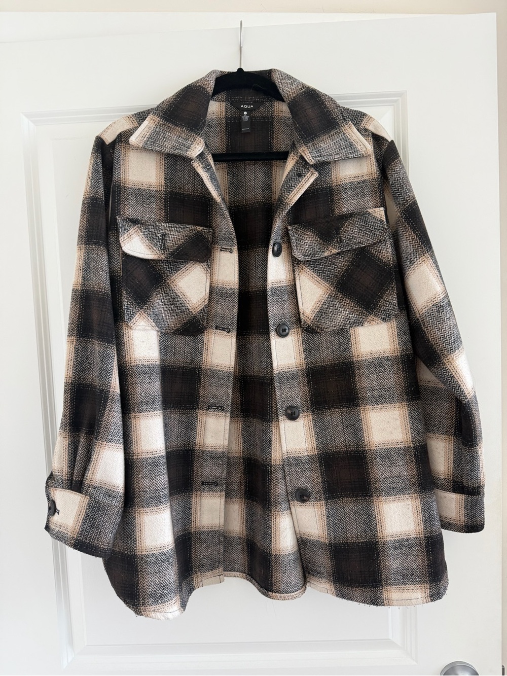 Aqua Black and Cream Plaid Utility Shacket